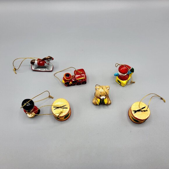 Vtg Enesco Hand Painted Christmas Ornaments Set Of 7 Teddy Bear Rocking Horse - Picture 2 of 10